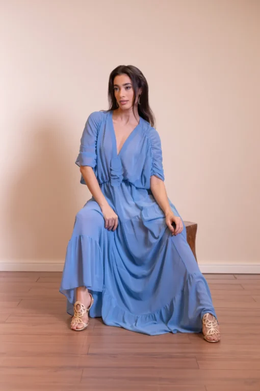 Vestido longo com decote em V e mangas plissadas - azul - Imagem 2