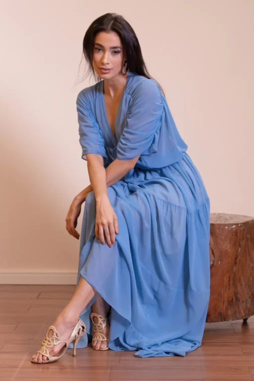 Vestido longo com decote em V e mangas plissadas - azul - Imagem 3